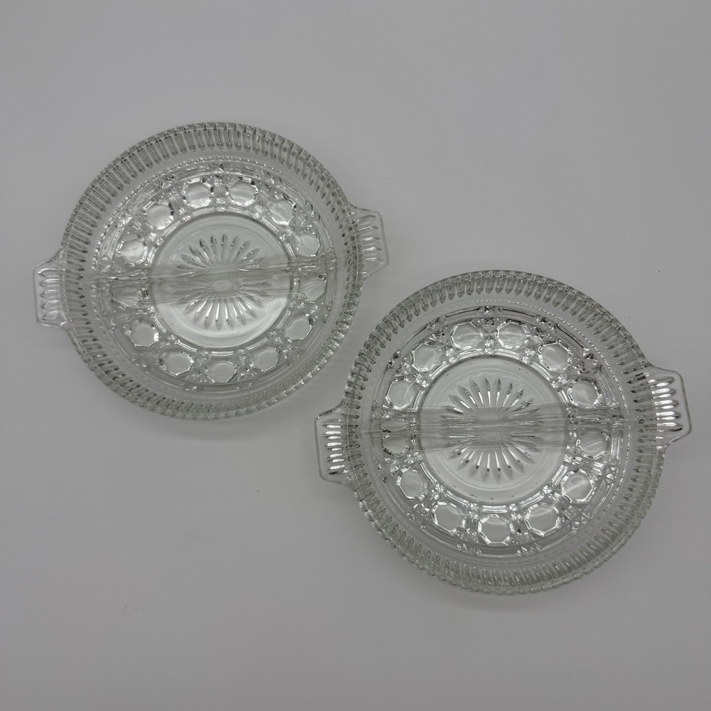 Vintage Clear Pressed Glass Divided Relish Serving Dish 9" Double Handle